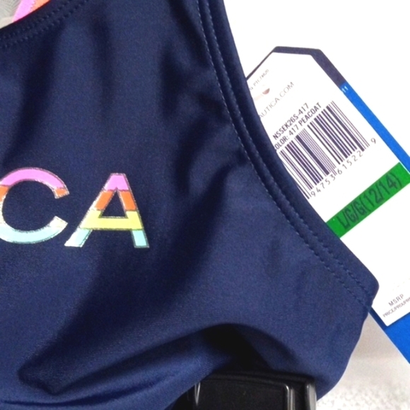 NAUTICA GIRLS NAVY PASTEL CROSS BACK TWO PIECE SWIMSUIT SIZE LARGE 12/14 NWT - Picture 5 of 5